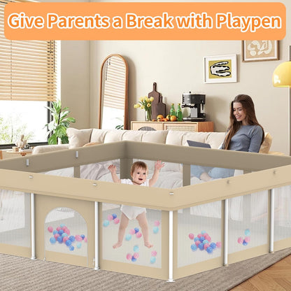 Foldable Large Baby Playpen 71"×71", Portable Playard for Babies & Toddlers, Lightweight Safety Baby Fence, No Installation, Indoor & Outdoor Playpen with 150 Ocean Balls, Beige