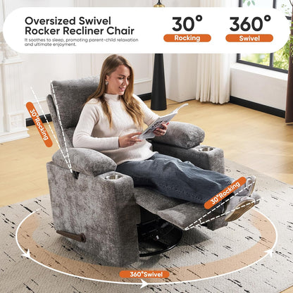 Rocking Chair Nursery with Adjustable Armrests, Electric Glider Recliner Nursing Chair for Breastfeeding, Power Swivel Recliner Chairs with Massage and Heat, Adjustable Headrest , FSC Certified, White