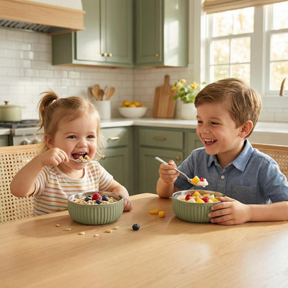 Monkey Proof™ Non-Toxic Stainless Steel Child Bowl 5” with Non-Slip Grooved Silicone Shell, (Set of 4 bowls) Unbreakable, Mess Free Feeding for Babies, Toddlers, Kids, BPA free (Stormy Sky Grooved)
