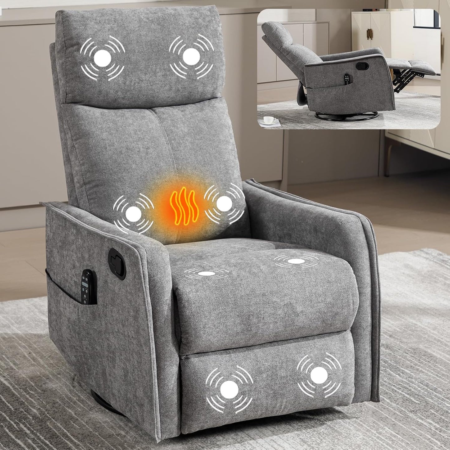 Massage Chair Recliner with Heat, Swivel Rocking Chair Recliner with High Back, Manual Nursery Recliners for Adults,Small Recliner Chair for Small Spaces, Living Room Bedroom, Fabric (Blue Green)