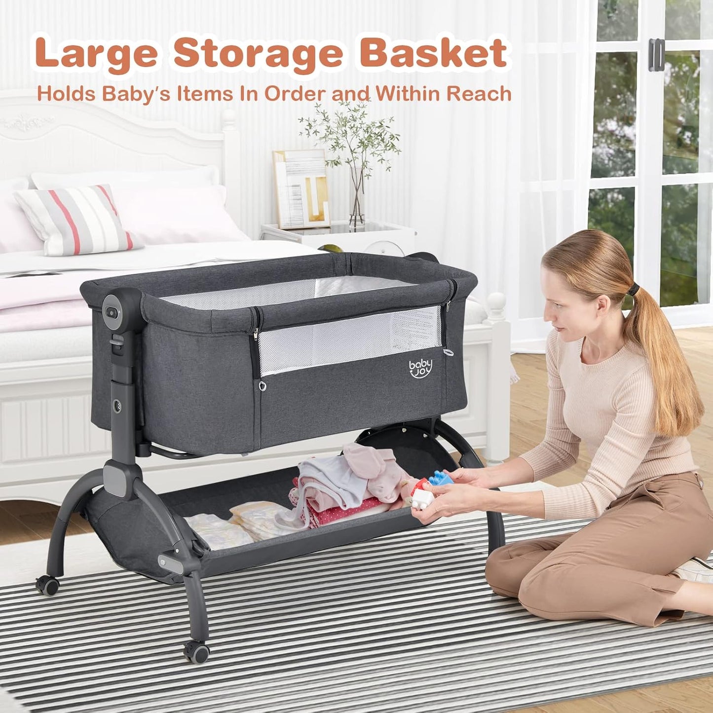 BABY JOY Baby Bassinet, 3-in-1 Rocking Bassinet w/Storage Basket, Double-Lock Design, 7 Adjustable Heights, Soft Mattress & Portable Travel Bag, Bassinet Bedside Sleeper for Newborns Infants (Beige)