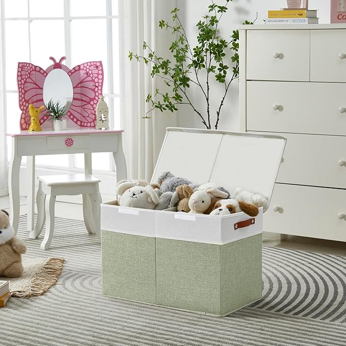 Bagnizer Large Toy Storage Box with Lids, Collapsible Sturdy Baby Storage Organizer Chest Bin Basket for Kids, Boys, Girls, Playroom, Nursery, Bedroom, Closet 25"x13"x16" (Green and White)