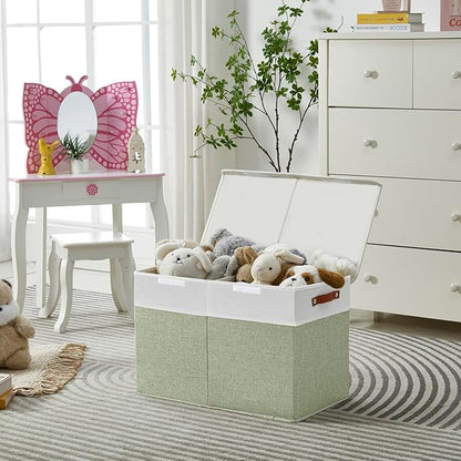 Bagnizer Large Toy Storage Box with Lids, Collapsible Sturdy Baby Storage Organizer Chest Bin Basket for Kids, Boys, Girls, Playroom, Nursery, Bedroom, Closet 25"x13"x16" (Green and White)