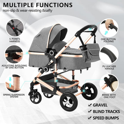 Kinder King 2 in 1 Convertible Baby Stroller, Folding High Landscape Infant Carriage, Newborn Reversible Pram, Adjustable Canopy, Diaper Bag, Pink