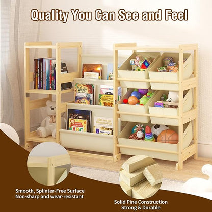 Kids Bookshelf and Toy Storage Organizer with 3-Tier Book Display and Shelves, Kids Toy Organizers and Storage with Bins, Book Shelf for Kids Rooms, Playroom Decor for Toddler Bedroom Nursery