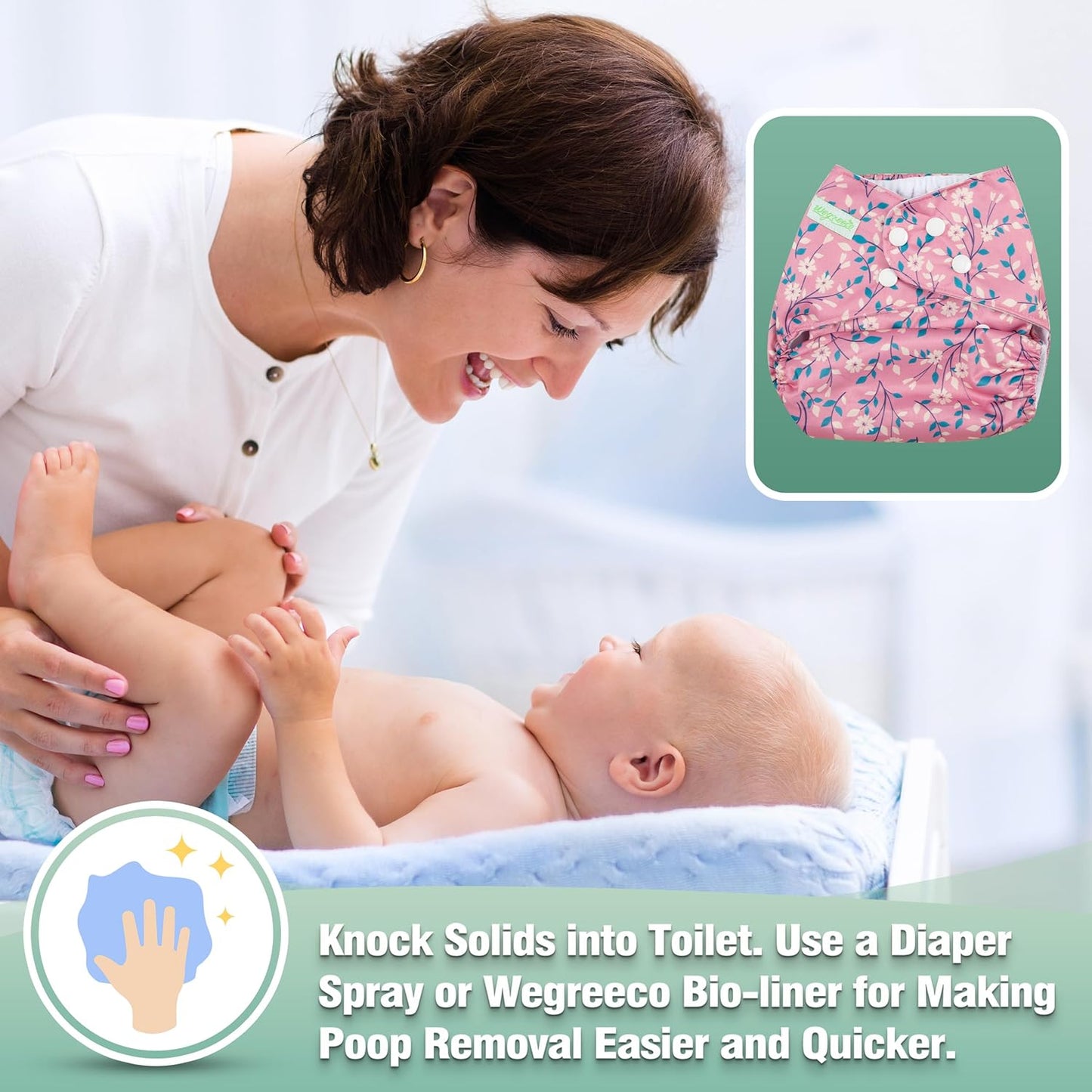 wegreeco Cloth Diapers 6 Pack with 6 Inserts & 1 Wet Bag, Washable Cloth Diapers for Babies, One Size Adjustable Reusable (Flower)