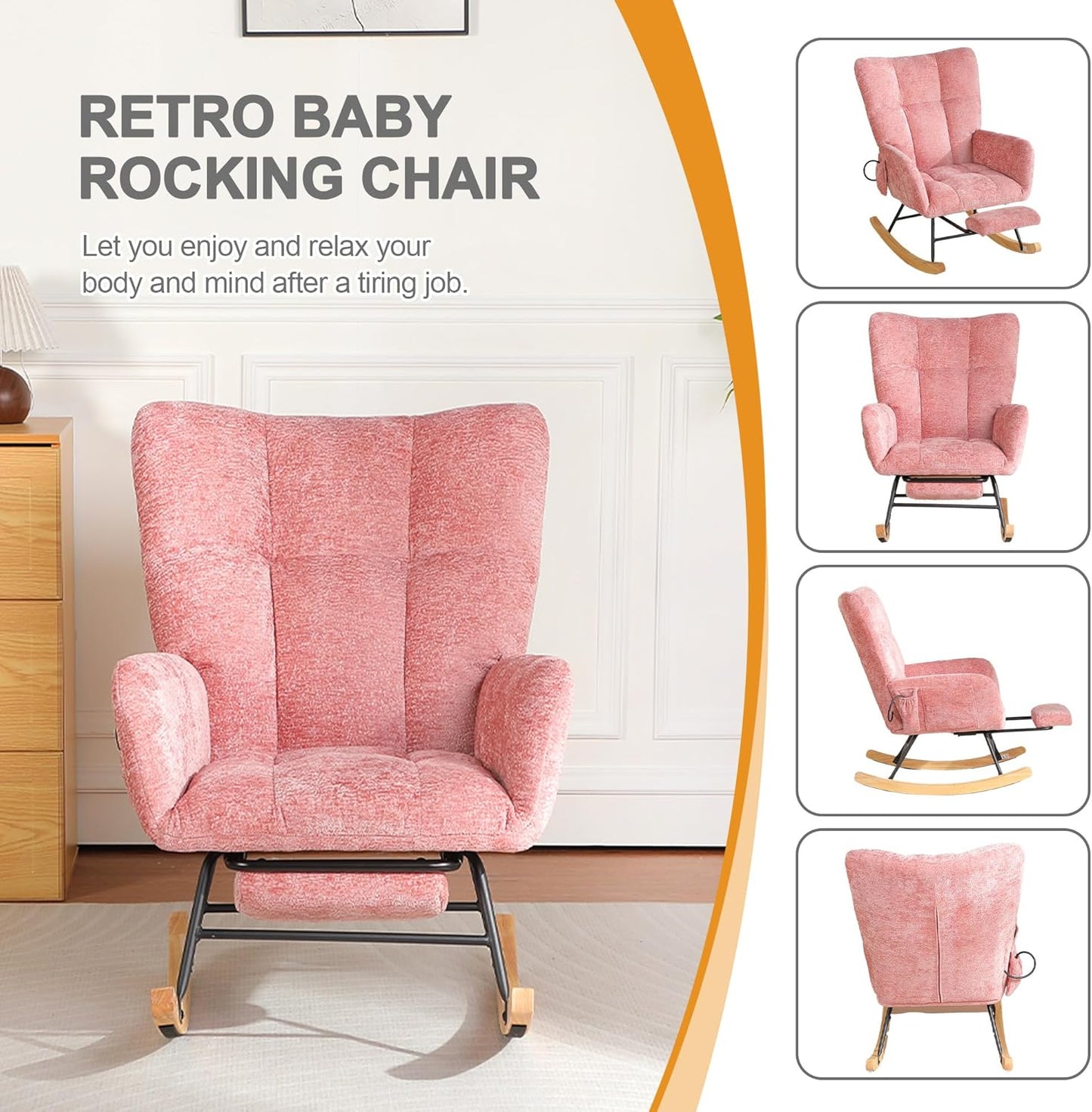 Rocking Chair Nursery with Airbag, Comfy Modern Nursery Rocking Reading Chair indoor with Footrest, Cozy Upholstered Glider Rocker Chairs for Living Room Bedroom Offices(Chenille, Dark Grey)