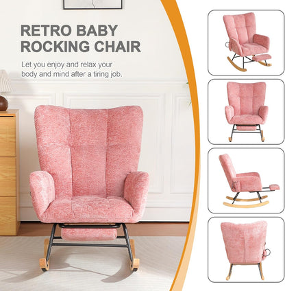 Rocking Chair Nursery with Airbag, Comfy Modern Nursery Rocking Reading Chair indoor with Footrest, Cozy Upholstered Glider Rocker Chairs for Living Room Bedroom Offices(Chenille, Dark Grey)