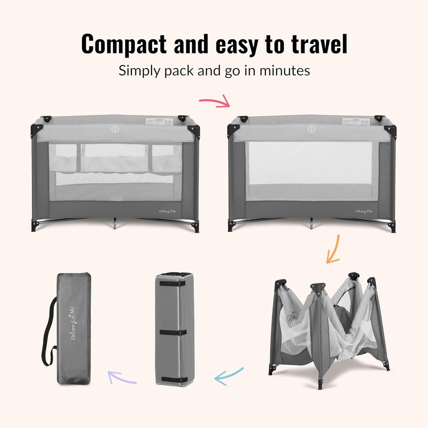 Dream On Me Zazzy Portable Playard with Bassinet in Black, Lightweight Packable and Easy Setup Baby Playard with Mattress and Travel Bag