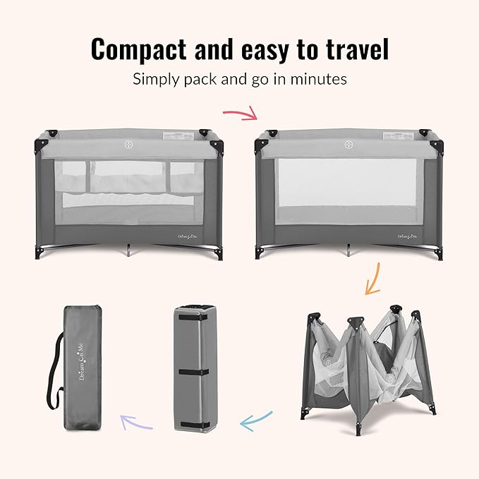 Dream On Me Zazzy Portable Playard with Bassinet - 360° Mesh Visibility, Quick Folding Travel Friendly Design, Carry Bag and Foldable Mattress Pad Included, Compact and Lightweight - Gray