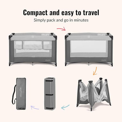 Dream On Me Zazzy Portable Playard with Bassinet - 360° Mesh Visibility, Quick Folding Travel Friendly Design, Carry Bag and Foldable Mattress Pad Included, Compact and Lightweight - Gray