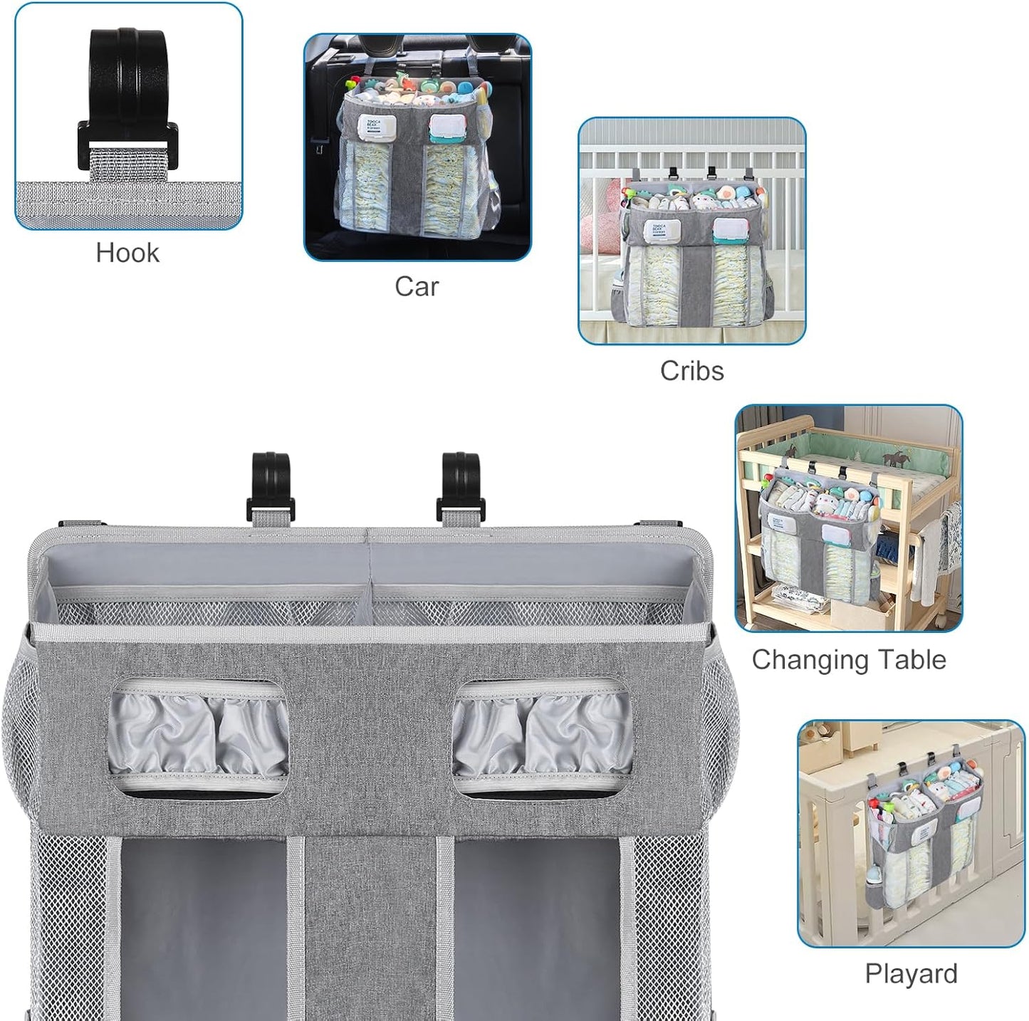 Accmor Hanging Baby Diaper Caddy Organizer, Diaper Stacker, Baby Crib Hanging Classified Storage Bag Organizer for Changing Table, Crib, Playard or Wall & Nursery Organization, Grey