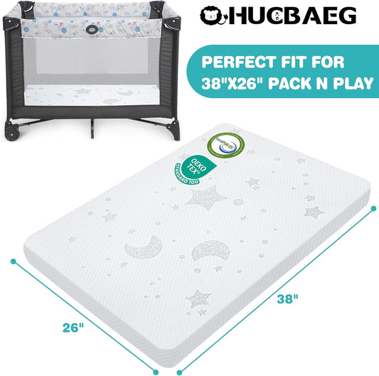 Pack and Play Mattress, 38x26 Pack N Play Mattresses Pad Dual-Sided Soft & Firm Memory Foam 3 Inch Thick with Breathable Removable Cover