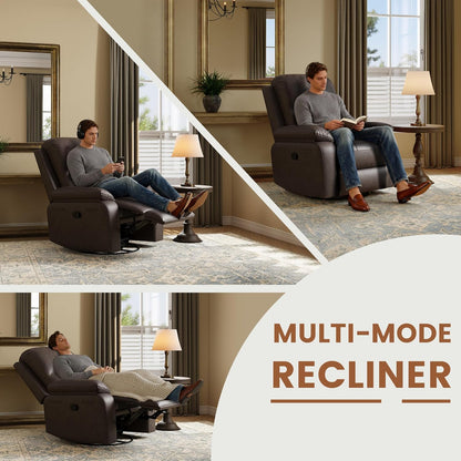 Leather Swivel Rocker Recliner Chair, Traditional Manual Chair, Upholstered Nursery Glider Rocking Recliner, Comfy Faux Leather Single Sofa with Pocket Spring for Living Room, Camel