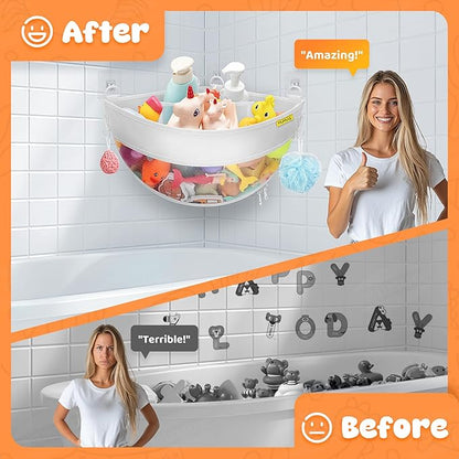 Bath Toy Storage Corner Wall Mounted, 4.32 Gallons Bath Toy Holder, Bottom Zipper Mesh Bathtub Toys Storage Organizer Bag, Quick Access Baby Shower Caddy Quick Dry Bathtub Toys Holder Accessory