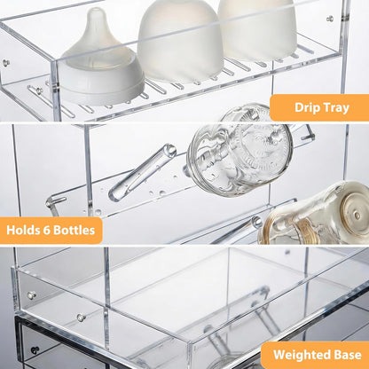 Baby Bottle Drying Rack Space Saving Acrylic Vertical Bottle Dryer Rack with Drip Tray - Clear Kitchen Countertop Storage Organizer–Fast Drying and Easy Cleanup - 10.3 x 6.3 x 10.6 in