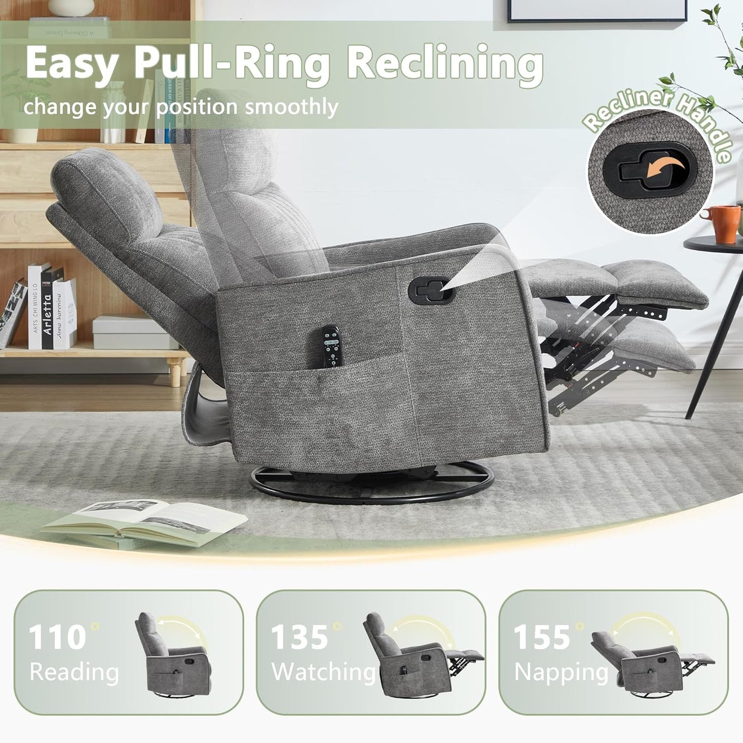 cinkehome Swivel Rocker Recliner, Glider Rocker Recliner Chair for Nursery, Manual Reclining Chair with Heated Massage, Small Spaces, Living Room, Khaki Chenille