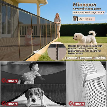 Miumoon 200 inch Retractable Baby Gates 37 inch Tall, Retractable Gate with Reinforced Strip Design to Prevent Crawling Through, 16 FT Outdoor Retractable Gates, Extra Wide Retractable Gate for Garage