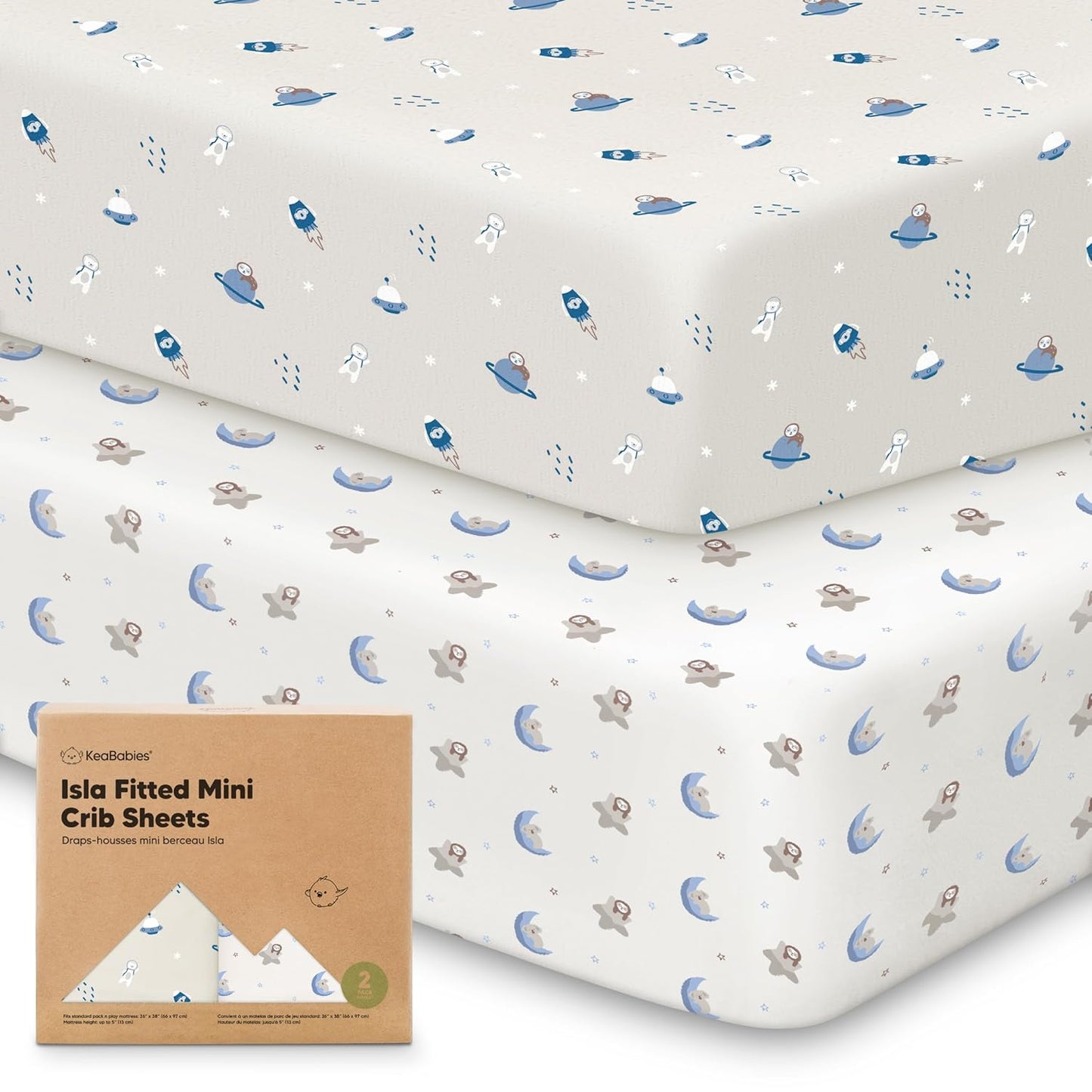 2-Pack Waterproof Pack and Play Sheets, Mini Crib Sheets Fitted for Boy, Girl - 38 x 26 Viscose from Bamboo Pack N Play Mattress Sheets for Graco, Toddler Playard Baby Crib Sheets Neutral (Blue Flax) - Colors B