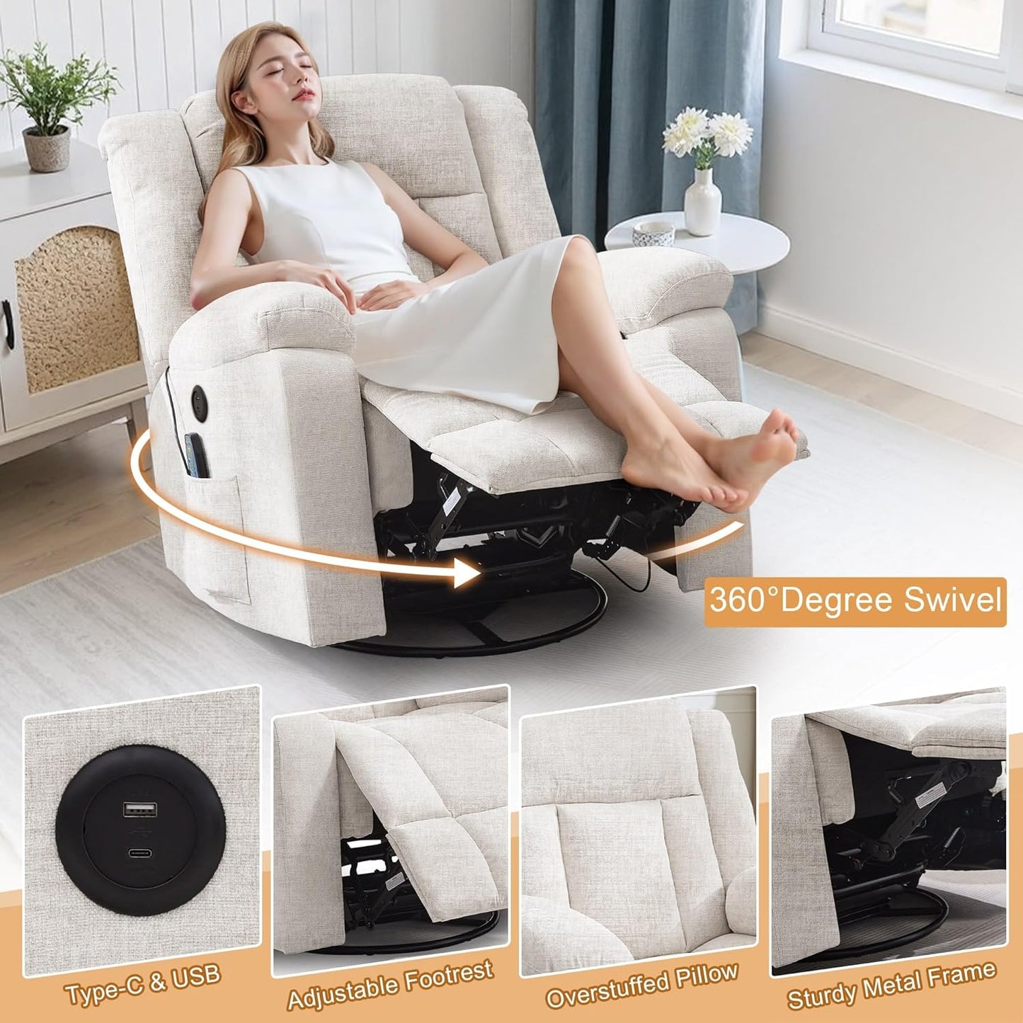 Korser Rocker Recliner, Glider Recliner Chairs for Adults, 360° Swivel Rocking Chair with Massage and Heating, Nursery Chair with Storage and USB Charging for Living Room, Bedroom, Nursery