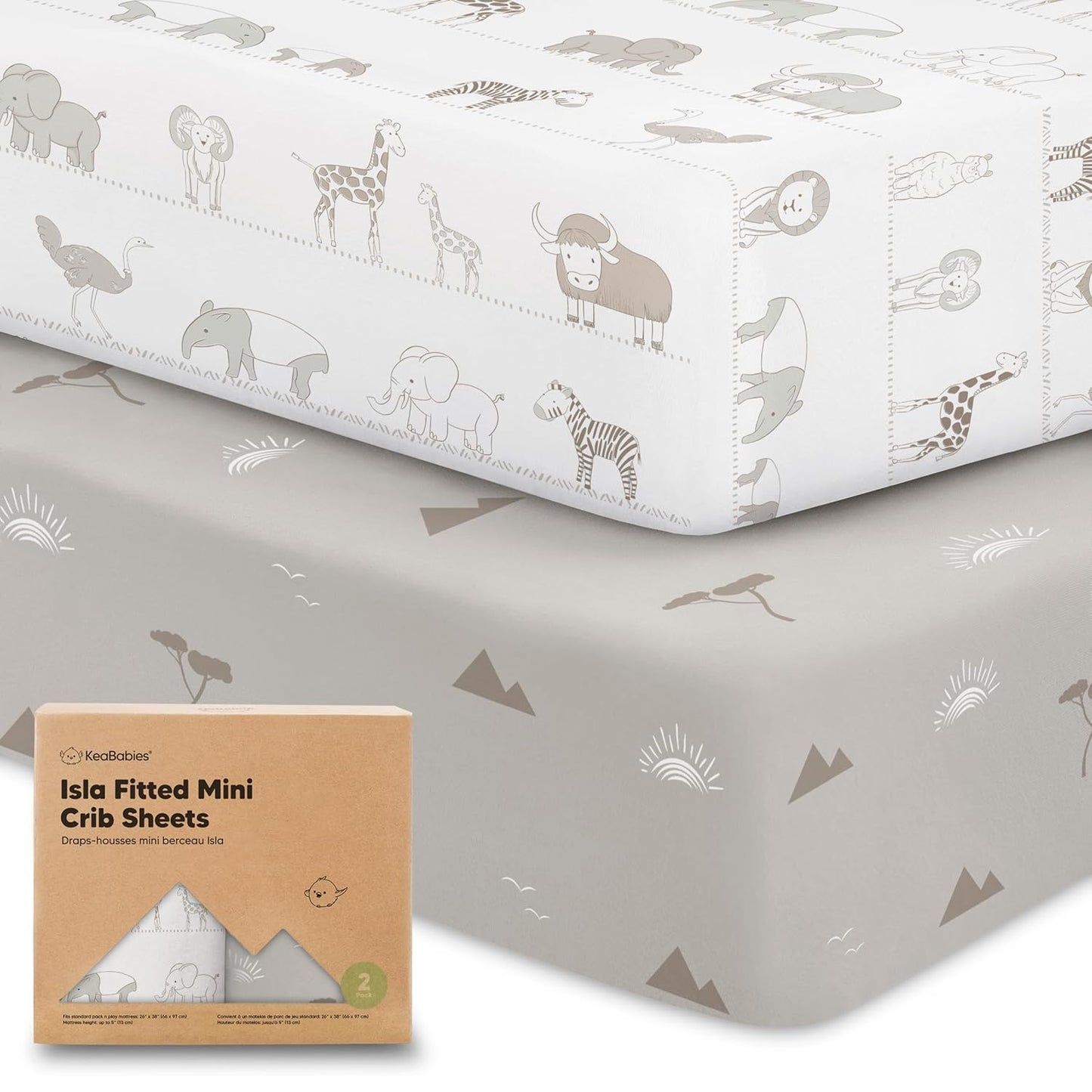 2-Pack Waterproof Pack and Play Sheets, Mini Crib Sheets Fitted for Boy, Girl - 38 x 26 Viscose from Bamboo Pack N Play Mattress Sheets for Graco, Toddler Playard Baby Crib Sheets Neutral (Blue Flax) - Colors A