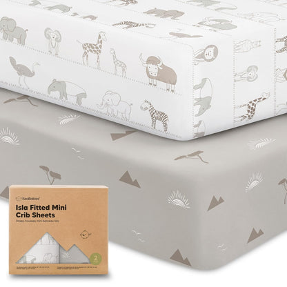 2-Pack Waterproof Pack and Play Sheets, Mini Crib Sheets Fitted for Boy, Girl - 38 x 26 Viscose from Bamboo Pack N Play Mattress Sheets for Graco, Toddler Playard Baby Crib Sheets Neutral (Blue Flax) - Colors A