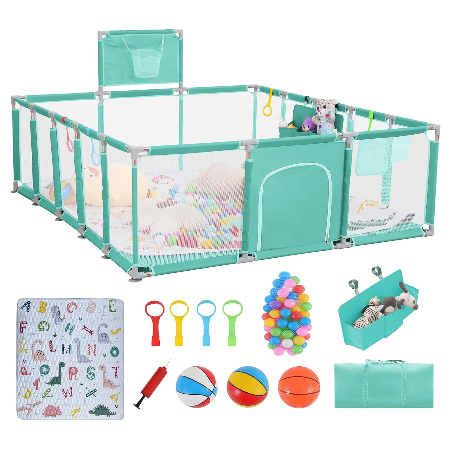 Baby playpen, 79"x71"Baby Playpen with Mat Indoor＆Outdoor Playpen for Babies and Toddlers with Breathable Play Pen with Ocean Balls Hanging Pocket Basketball Hoop (Gray)