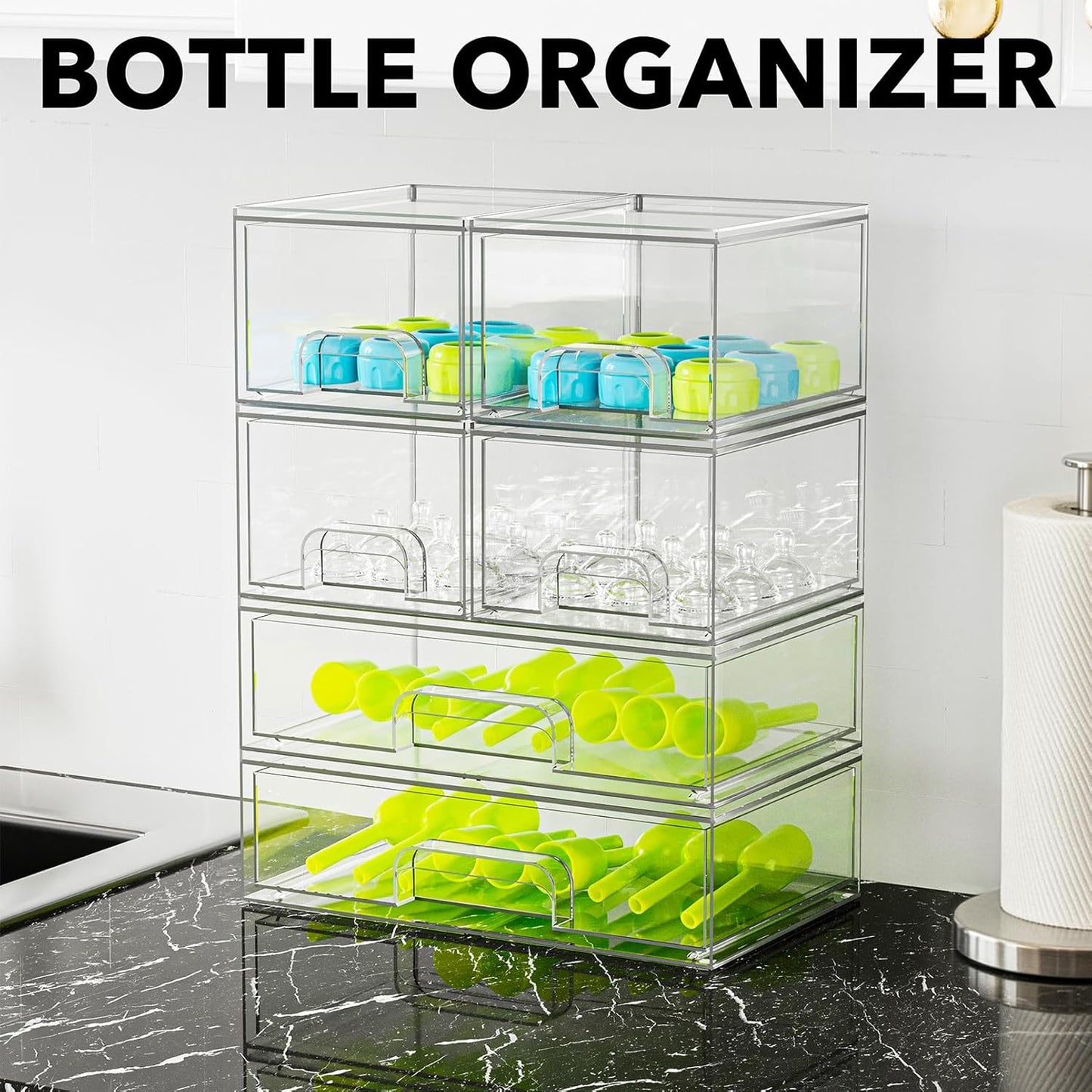 SpaceAid Bottle Storage Organizer Baby - Acrylic Bottles Station Organizer Container, Stackable Clear Drawers for Countertop, Vanity, Bathroom, Cabinet, Pantry Organization, 5 Pack, 2S2M1L, 15.4" H