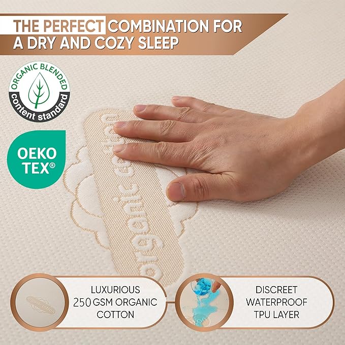 Waterproof Organic Mattress Protector Twin Size – Soft OCS Certified Organic Cotton Surface Mattress Cover – Noiseless & Breathable 250 GSM Mattress Pad – Deep Pocket Fitted Design