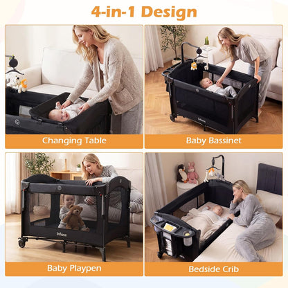 INFANS 4 in 1 Baby Bassinet, Converts Pack and Play to Portable Bedside Crib Sleeper with Diaper Changer, Mattress, Carry Bag, Music Box, Hanging Toys for Infants Toddlers (Black)