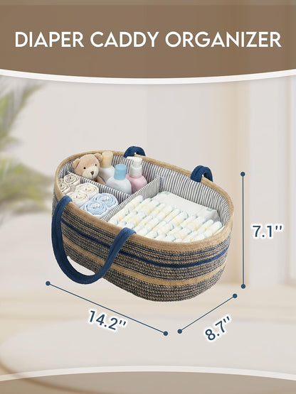 ZOES HOMEWARE Sapphire Blue Diaper Caddy Organizer, Jute Woven Baby Basket, Baby Caddy Nursery Storage Organizer, Shower Gifts for Newborn, Hand Woven Crafted (Brown&Blue),14.2"x 8.7"x7.1”