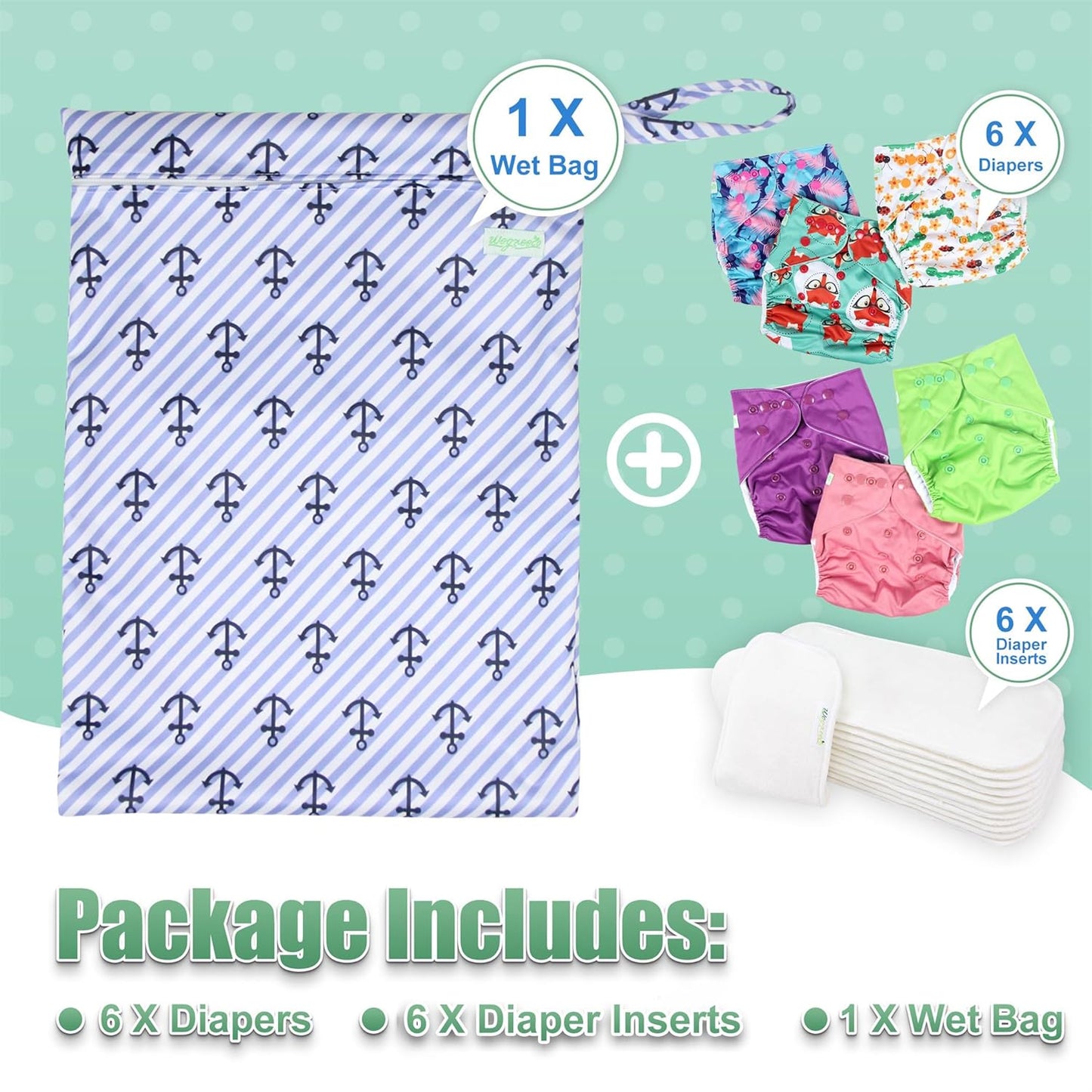 wegreeco Cloth Diapers 6 Pack with 6 Inserts & 1 Wet Bag, Washable Cloth Diapers for Babies, One Size Adjustable Reusable (Flower)