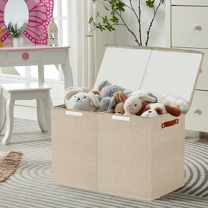 Bagnizer Large Toy Storage Box with Lids, Collapsible Sturdy Baby Storage Organizer Chest Bin Basket for Kids, Boys, Girls, Playroom, Nursery, Bedroom, Closet 25"x13"x16" (Khaki)