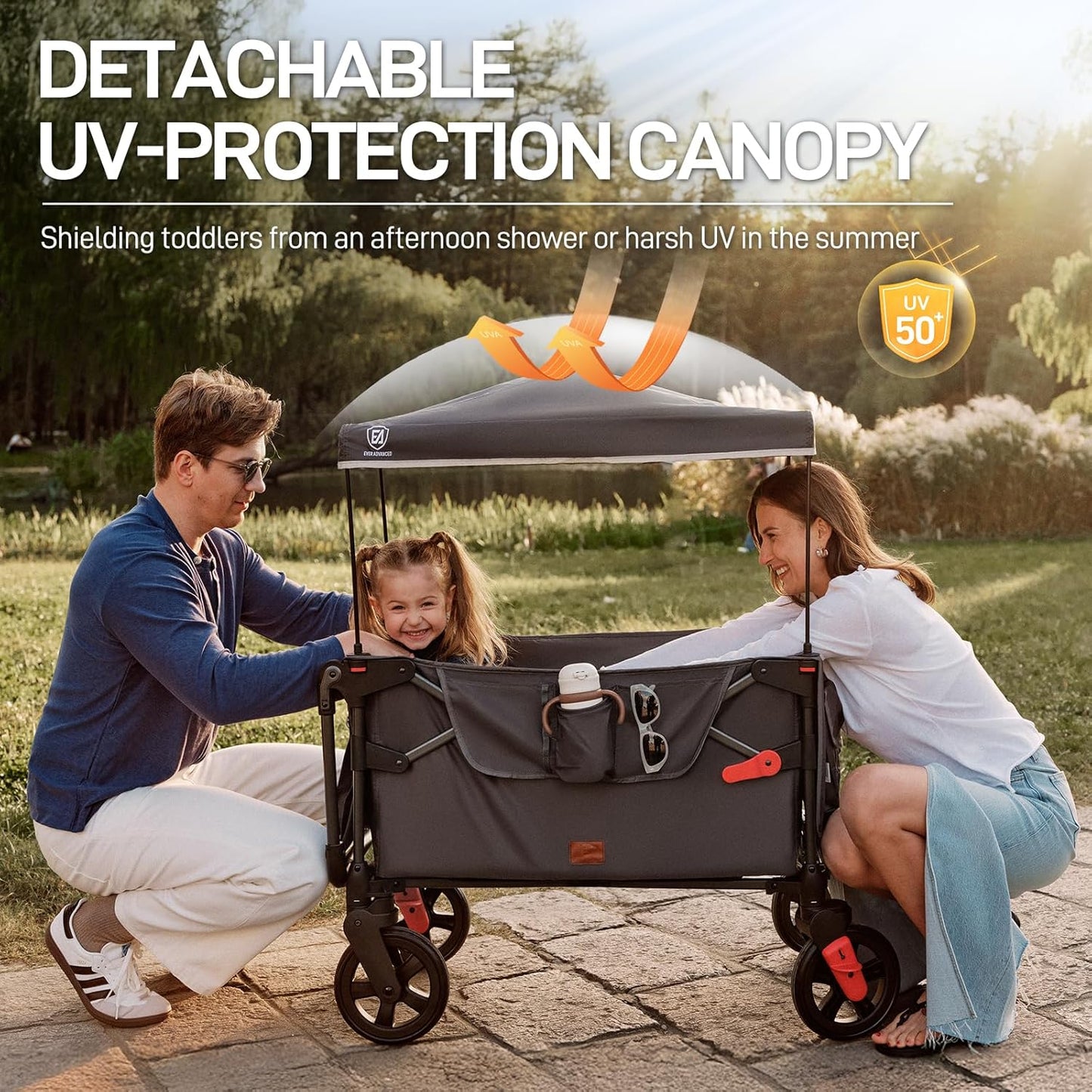 EVER ADVANCED Wagon Stroller for 2 Kids, Compact One-Step Fold Stroller Wagon with Adjustable Push/Pull Handles, Folding Wagon for Travel, Park & Beach, Includes Removable UV Canopy, Blue