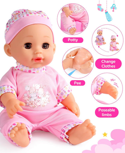 GAGAKU Baby Doll Stroller for Toddlers, Foldable Toy Stroller with Storage Basket and Bag, Diapers - Reborn Doll Accessories for Girls & Kids Ages 3+, Pink