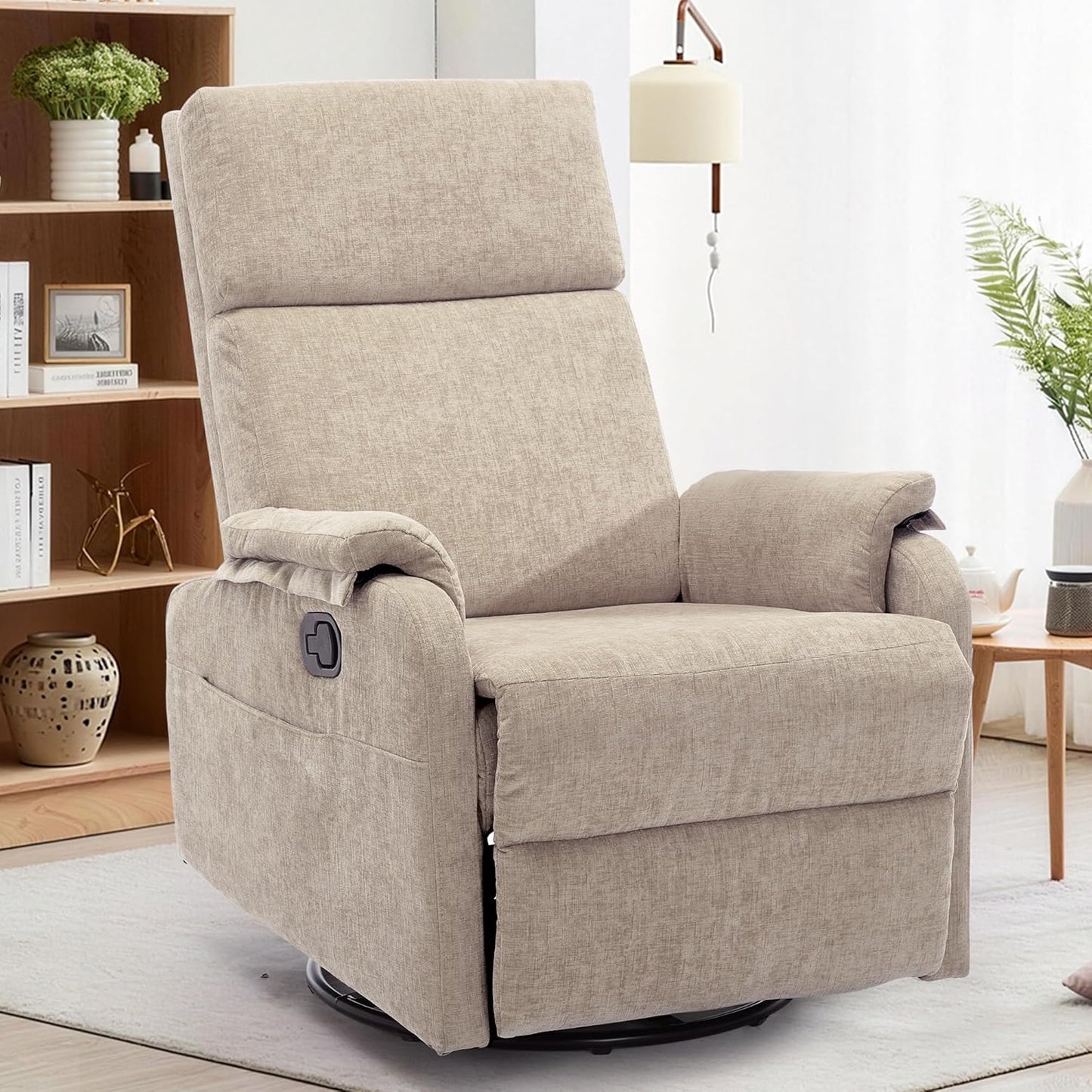 Korser Recliner Chair, Swivel Rocking Recliner Chair for Adults, Glider Rocking Chair, Small Nursery Chair Recliner for Living Room, Reclining Chair with Modern-Designed Armrests, Chenille, Beige