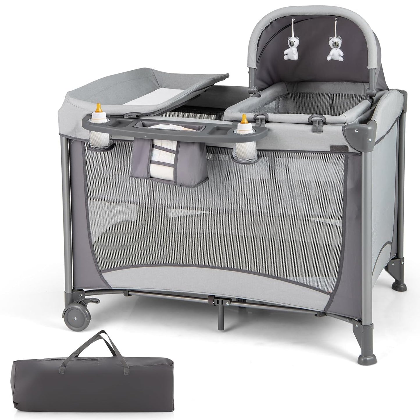 HONEY JOY Pack and Play, 5 in 1 Portable Infant Playpen with Bassinet & Changing Table, Storage Bag, Music Box, Toys, Carry Bag, Nursery Center, Baby Playard Pack n Play Crib for Boys Girls
