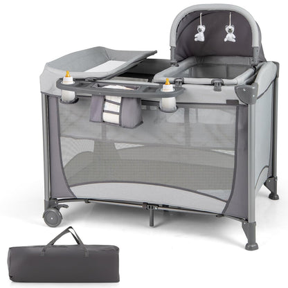 HONEY JOY Pack and Play, 5 in 1 Portable Infant Playpen with Bassinet & Changing Table, Storage Bag, Music Box, Toys, Carry Bag, Nursery Center, Baby Playard Pack n Play Crib for Boys Girls