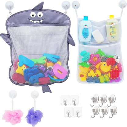 2 x Mesh Bath Toy Organizer + 6 Ultra Strong Hooks – The Perfect Bathtub Toy Holder & Bathroom or Shower Caddy – These Multi-use Net Bags Make Baby Bath Toy Storage Easy – For Kids & Toddlers