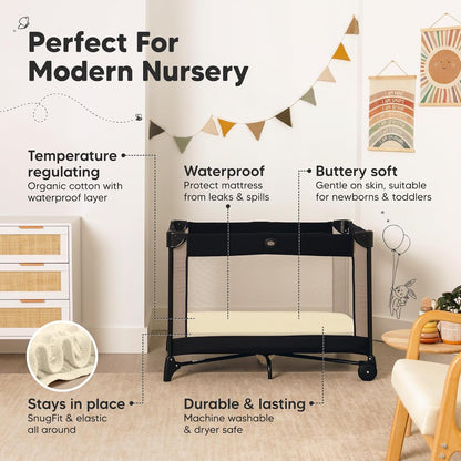 2 Pack and Play Sheets, Waterproof Mini Crib Sheets Fitted - 38x26 Organic Cotton Pack N Play Sheets for Graco Pack and Play Mattress, Playard Baby Crib Sheets,Neutral for Boy,Girl,Toddler(KeaSafari)