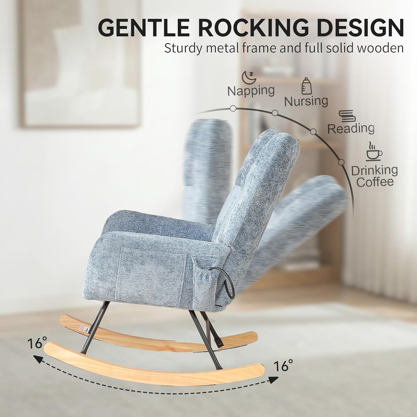 Nursery Rocking Chair Teddy Upholstered Glider Rocker Rocker Accent Chair with High Backrest Armchair Comfy Side Pocket Modern Rocking Accent Chairs for Living Room, Nursery, Office-Green