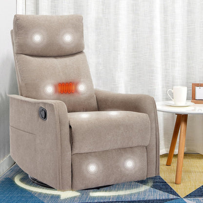 cinkehome Swivel Rocker Recliner, Glider Rocker Recliner Chair for Nursery, Manual Reclining Chair with Heated Massage, Small Spaces, Living Room, Khaki Chenille