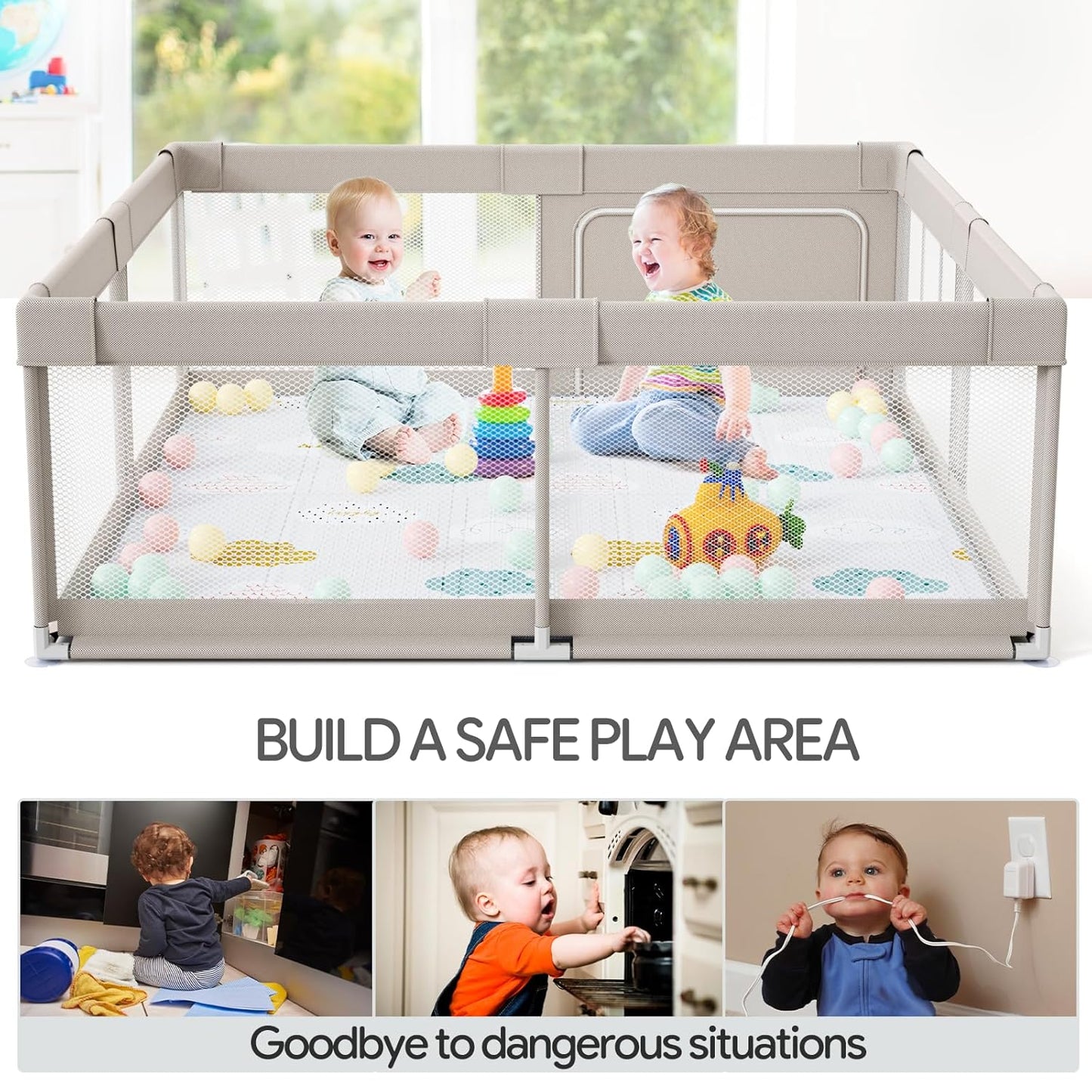 Fodoss Baby Playpen 50×50in, Small Play Pen for Babies and Toddlers, Playpen for Apartment, Play Yard, Activity Fence, Baby Playard with All-Side Mesh, Pull Rings