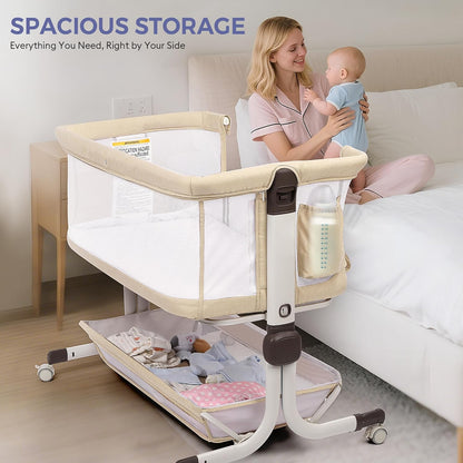 MOMFANN Baby Bassinet Bedside Sleeper, Upgraded Stability Bedside Crib with Full Mesh Sides, Soft Sheet, 6-Height Adjustment, Storage Basket, Easy Folding Portable Bassinet for Newborns, Gray