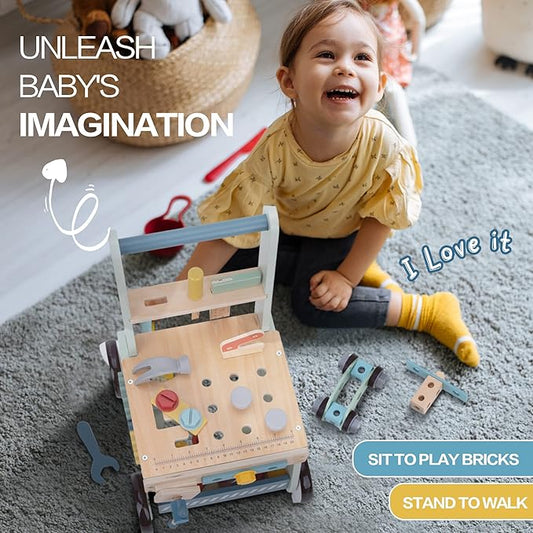 2-in-1 Baby Push Walker - Wooden Push Walker and Tool Toy for Babies - Toddler Learning Activity Walker for Girls Boys 1-3 Years - Educational and Sturdy Construction