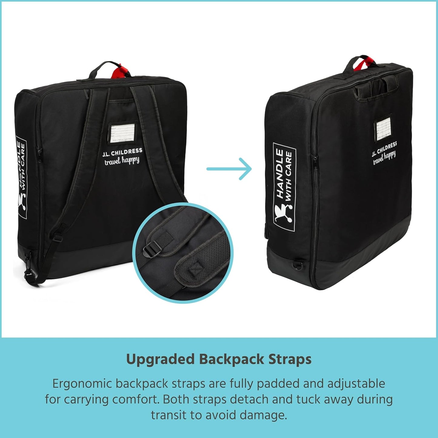 J.L. Childress Compact Travel Stroller Bag for Airplane - Fits Most Compact-Fold Single Baby Strollers, Compatible with UPPAbaby MINU, GB Pockit, Nuna TRVL & More, AirTag Compatible - Black