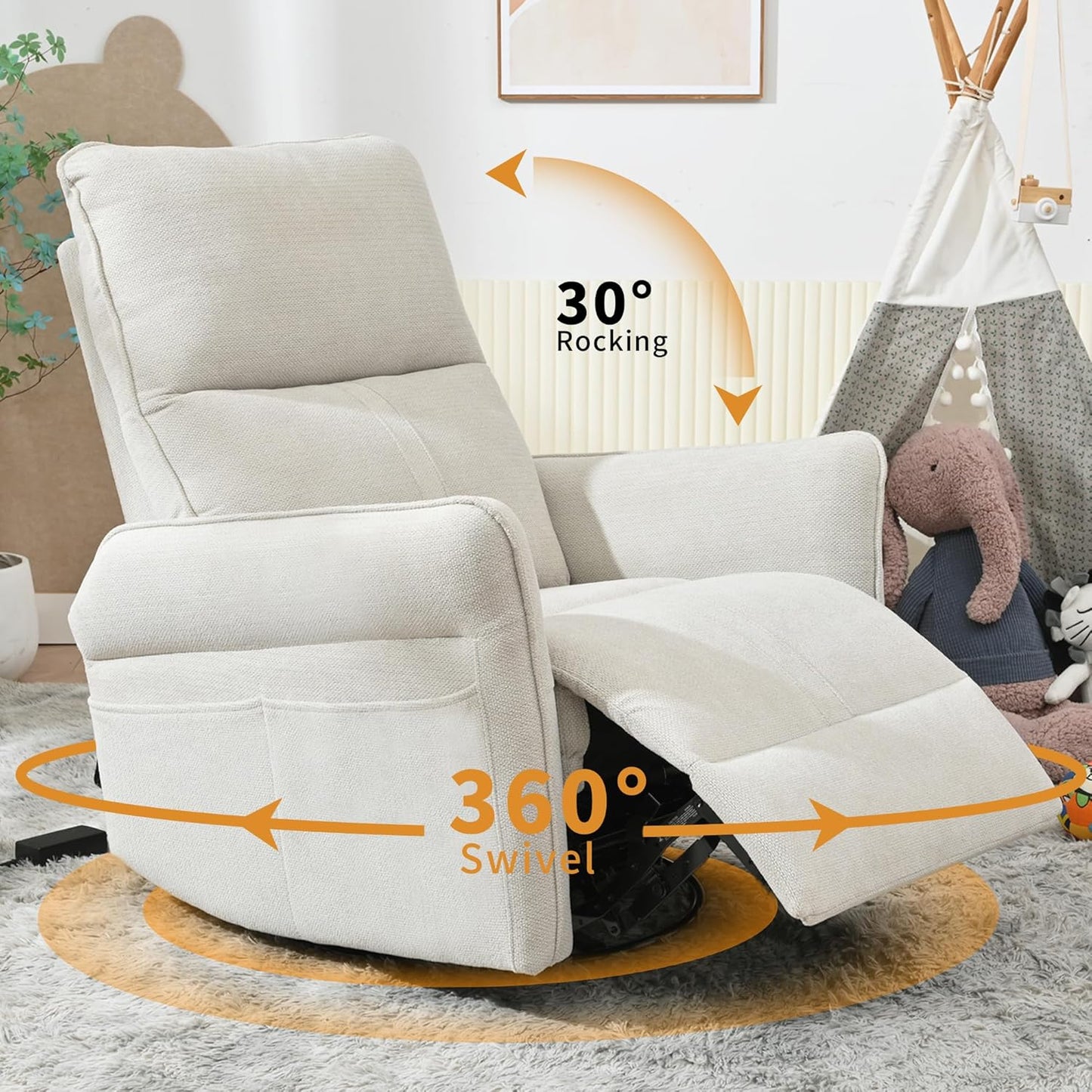 Power Swivel Rocker Recliner Chair for Nursery, Upholstered Snowflake Velvet 270°Swivel Glider Rocker Chair with USB Ports, Small Power Recliners for Small Spaces Living Room