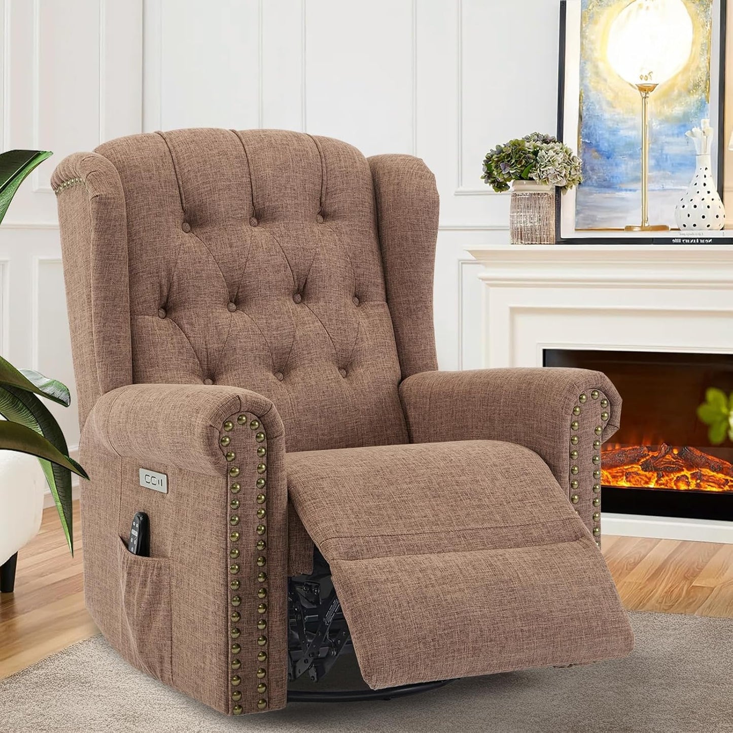 VIVIJASON Power Swivel Rocking Recliner Chair with Massage & Heat, Electric Rocker Nursery Glider Chair, Wingback Tufted Upholstered Recliner W/Type-C & USB Ports for Living Room, Bedroom, Beige