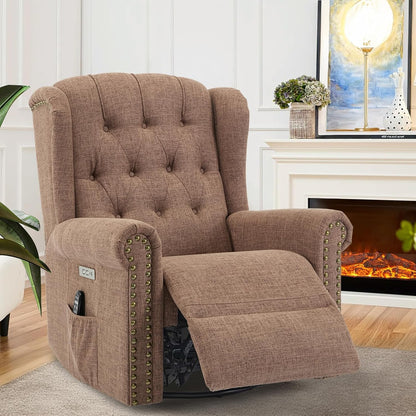 VIVIJASON Power Swivel Rocking Recliner Chair with Massage & Heat, Electric Rocker Nursery Glider Chair, Wingback Tufted Upholstered Recliner W/Type-C & USB Ports for Living Room, Bedroom, Beige