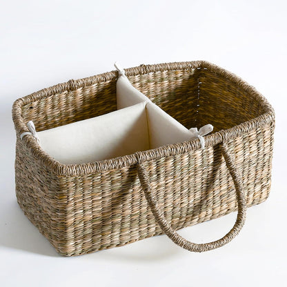 Premium Wicker Baby Diaper Caddy Organizer, Woven Seagrass Basket with Handles, Diaper Basket with Dividers (Seagrass)
